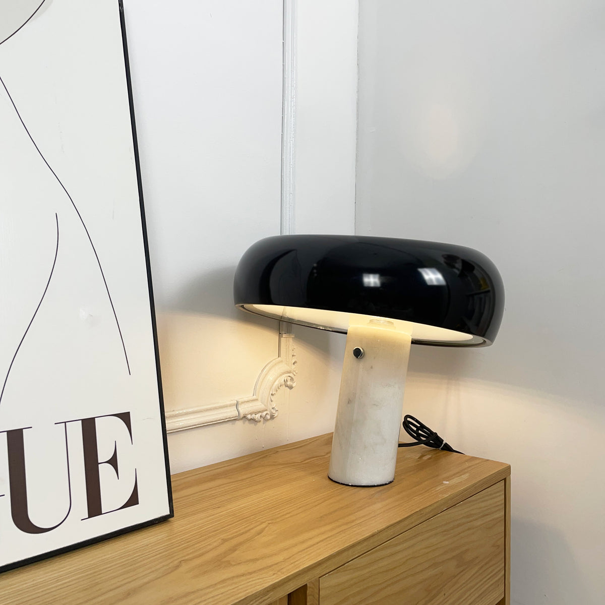 Marmo Italian Carrara Marble Table Lamp with Glazed Metal Reflector
