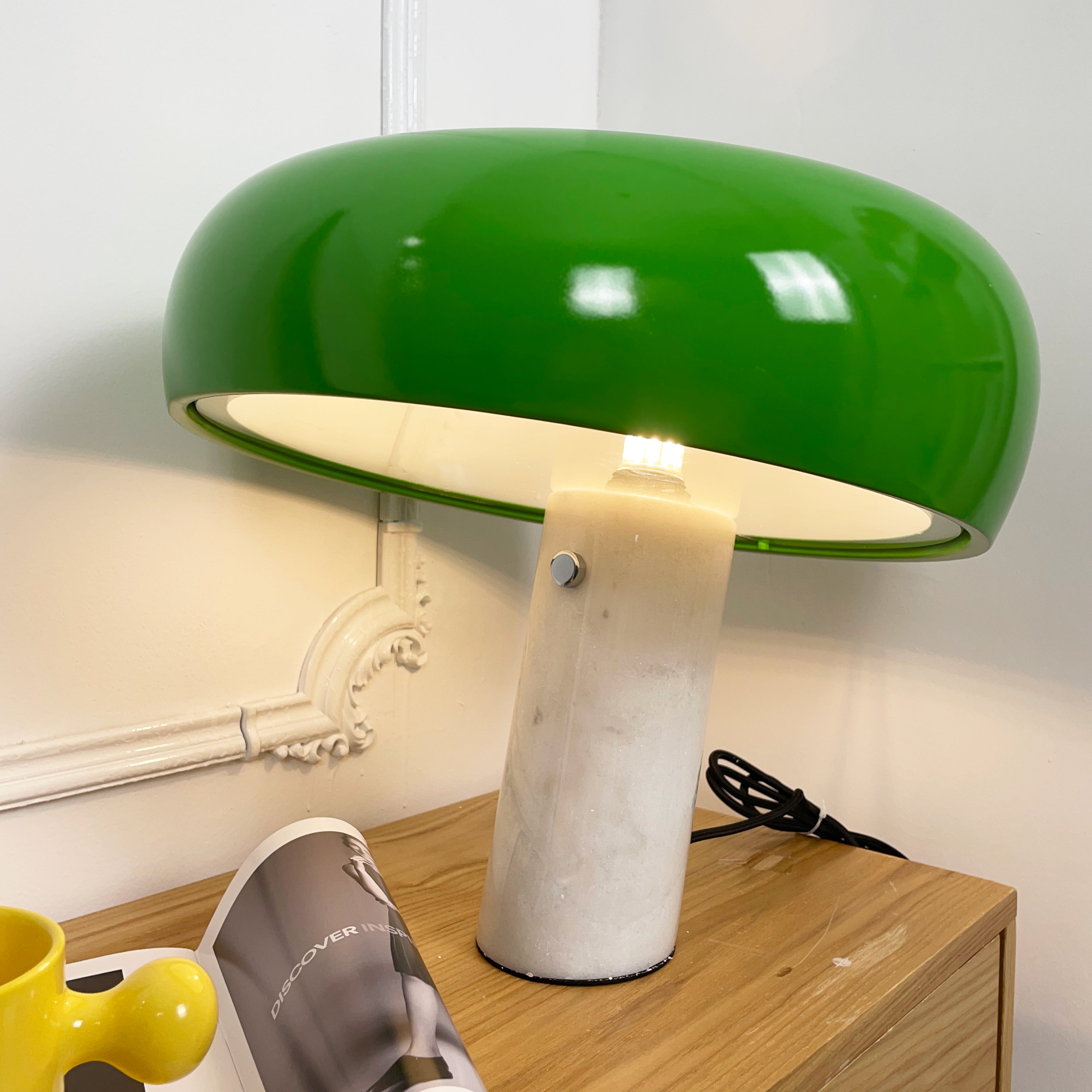 Marmo Italian Carrara Marble Table Lamp with Glazed Metal Reflector