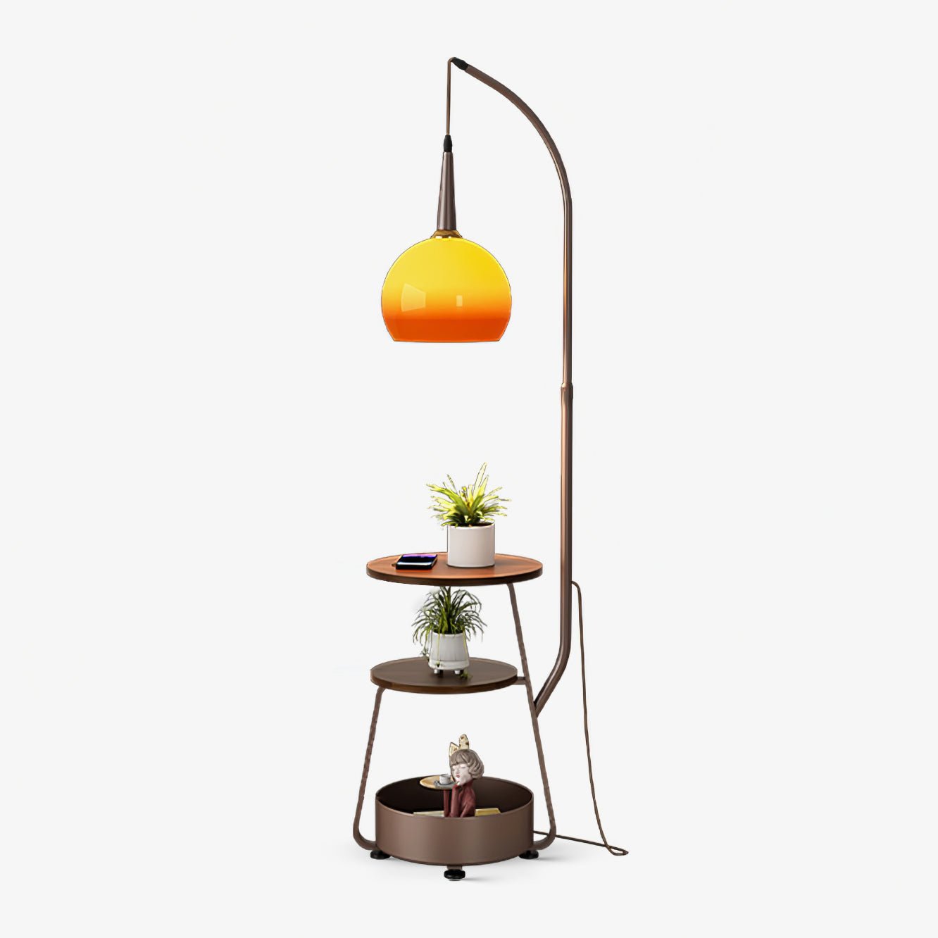 Amara Arc Floor Lamp with Wood Shelves and Storage for Living Room