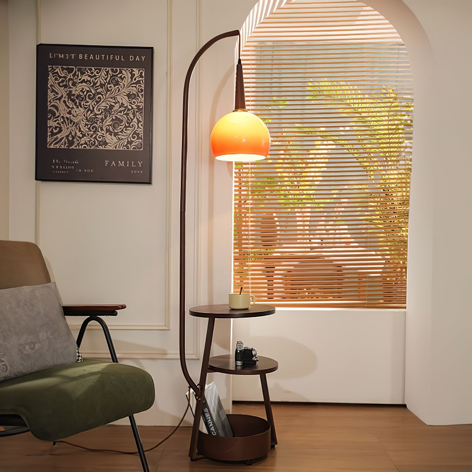 Amara Arc Floor Lamp with Wood Shelves and Storage for Living Room