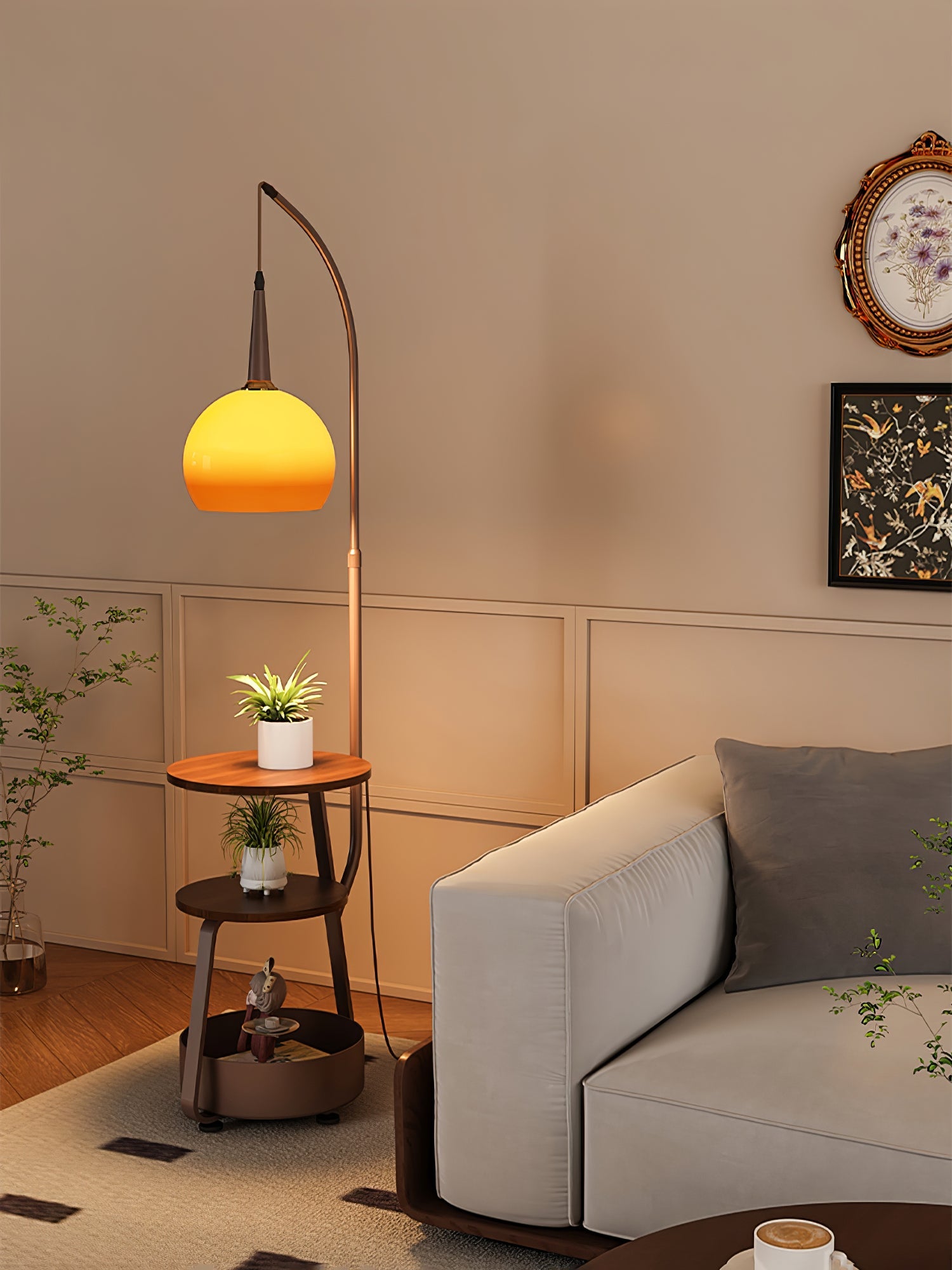 Amara Arc Floor Lamp with Wood Shelves and Storage for Living Room