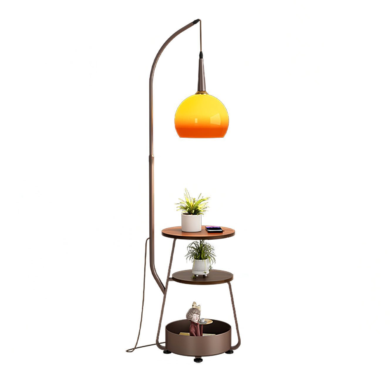 Amara Arc Floor Lamp with Wood Shelves and Storage for Living Room