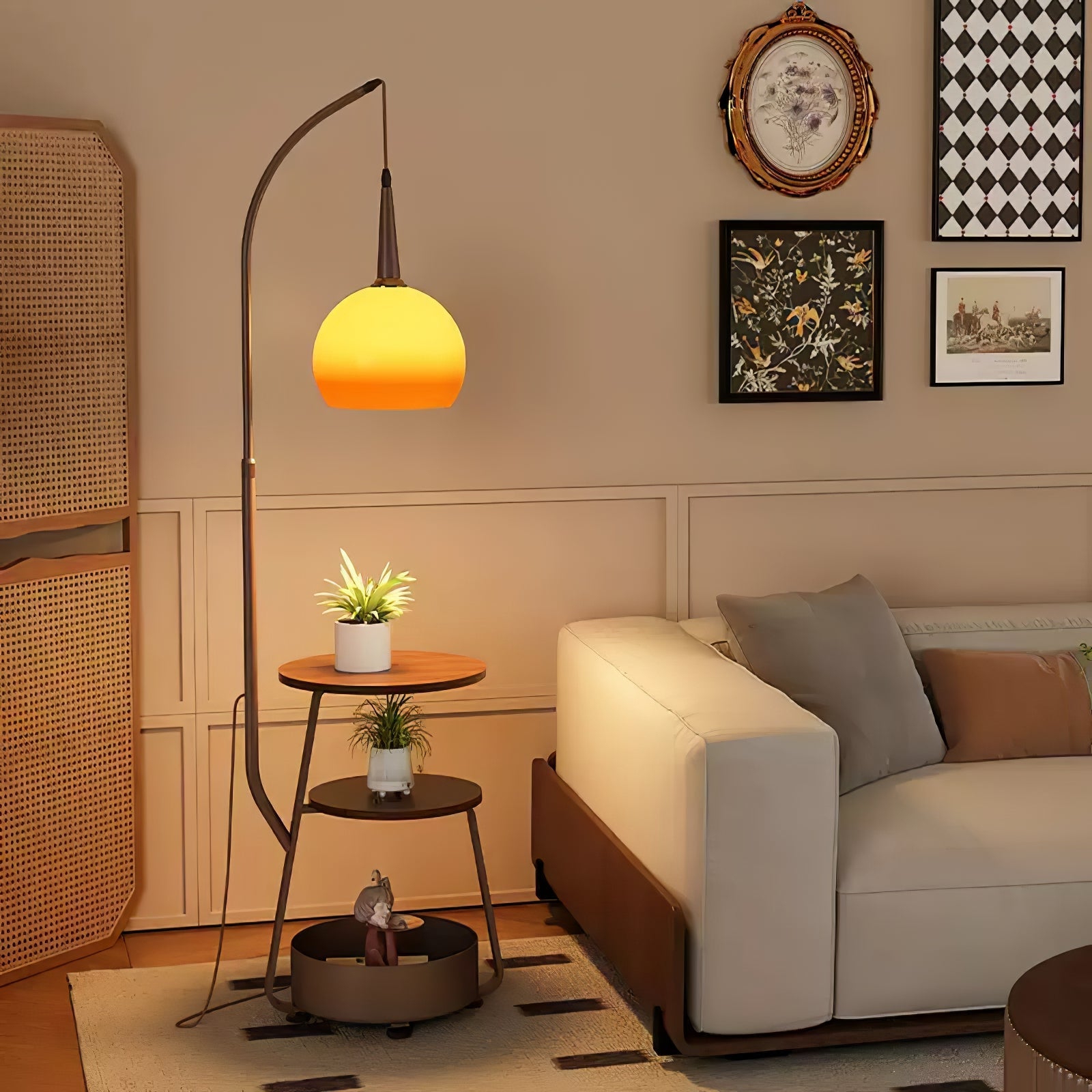 Amara Arc Floor Lamp with Wood Shelves and Storage for Living Room