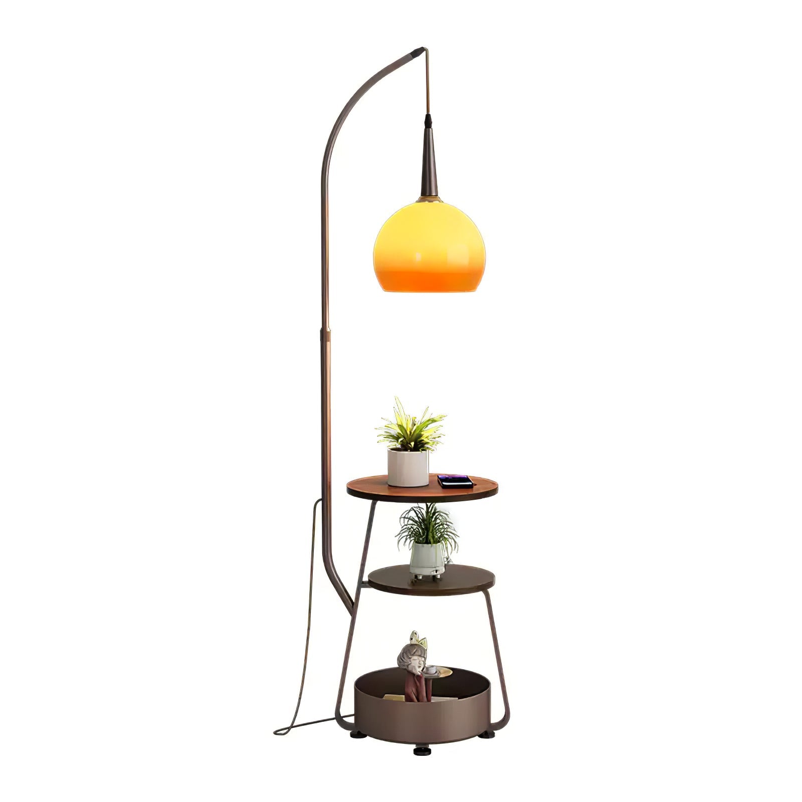 Amara Arc Floor Lamp with Wood Shelves and Storage for Living Room