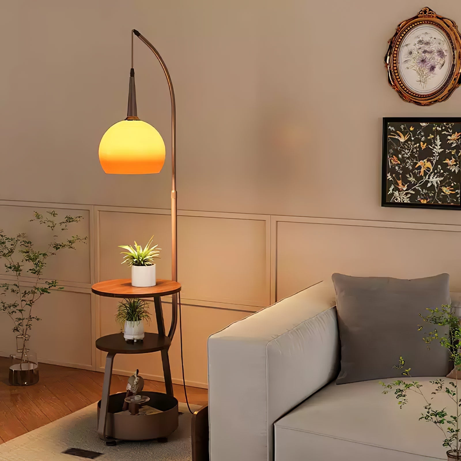 Amara Arc Floor Lamp with Wood Shelves and Storage for Living Room