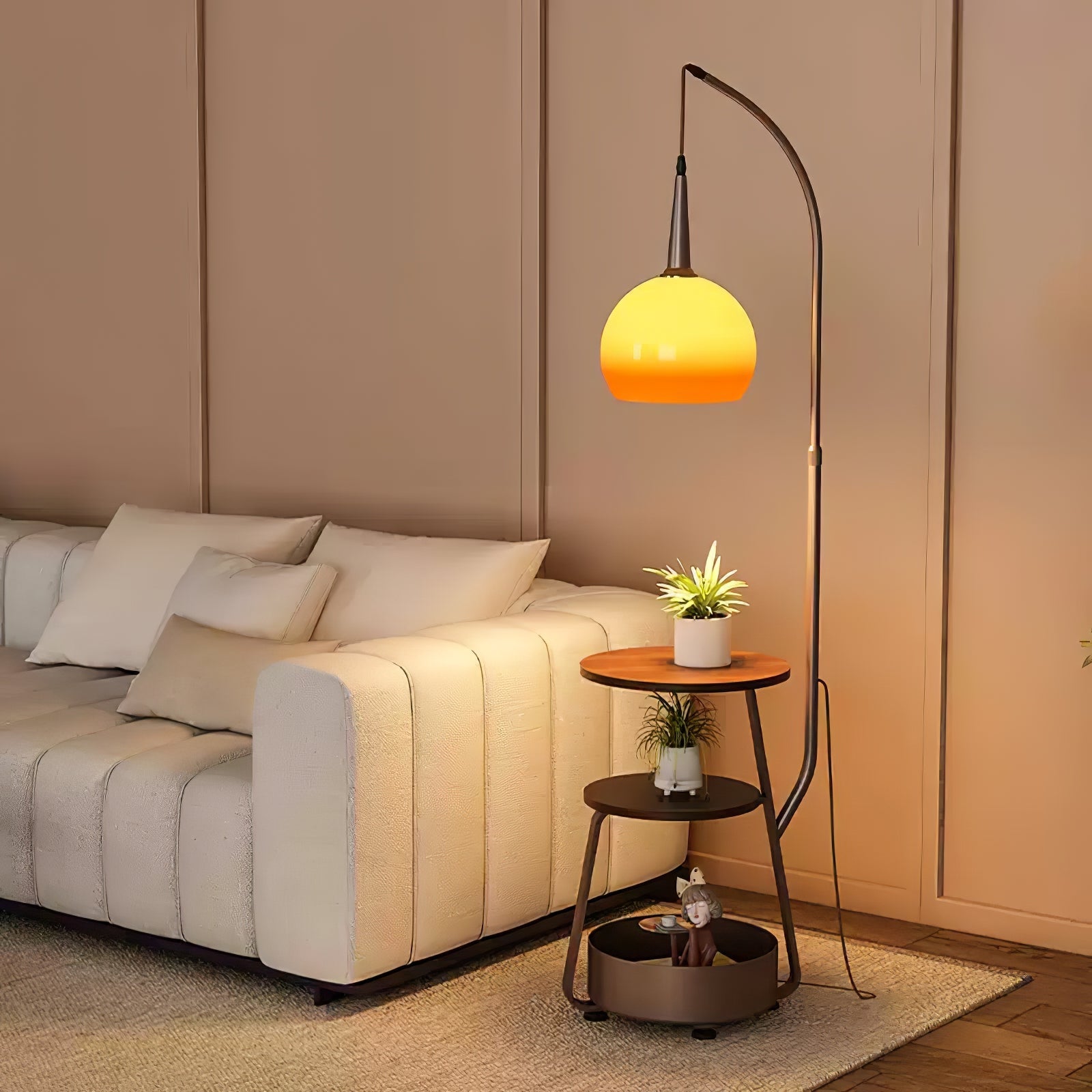 Amara Arc Floor Lamp with Wood Shelves and Storage for Living Room