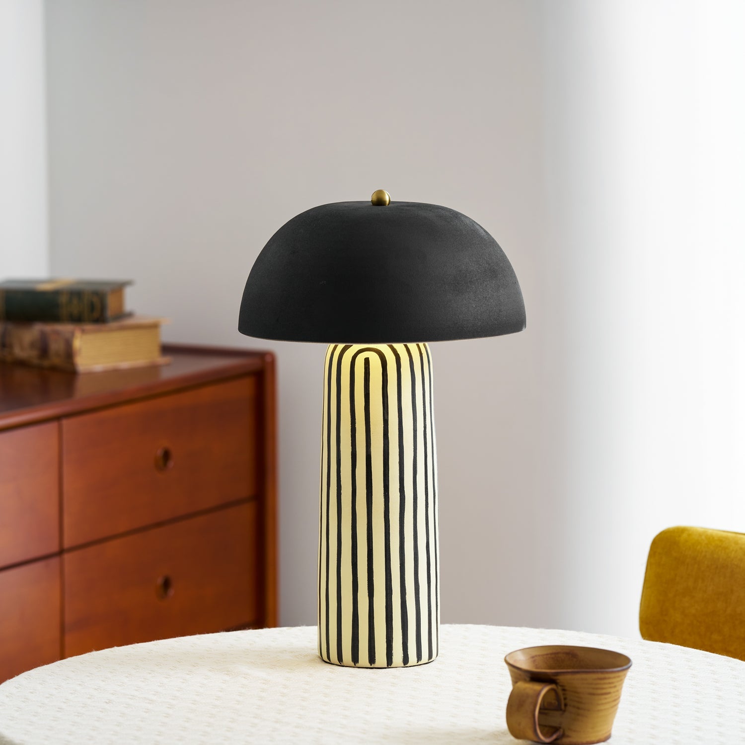 Tessa Striped Ceramic Table Lamp with Black Dome Shade for Living Room