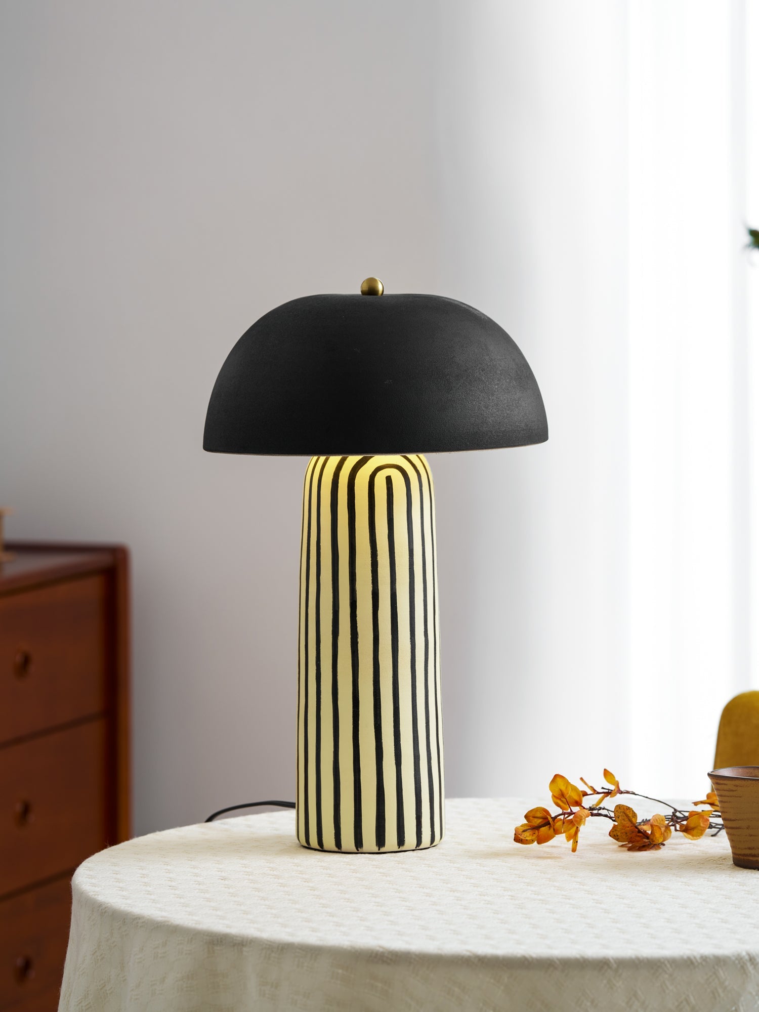 Tessa Striped Ceramic Table Lamp with Black Dome Shade for Living Room