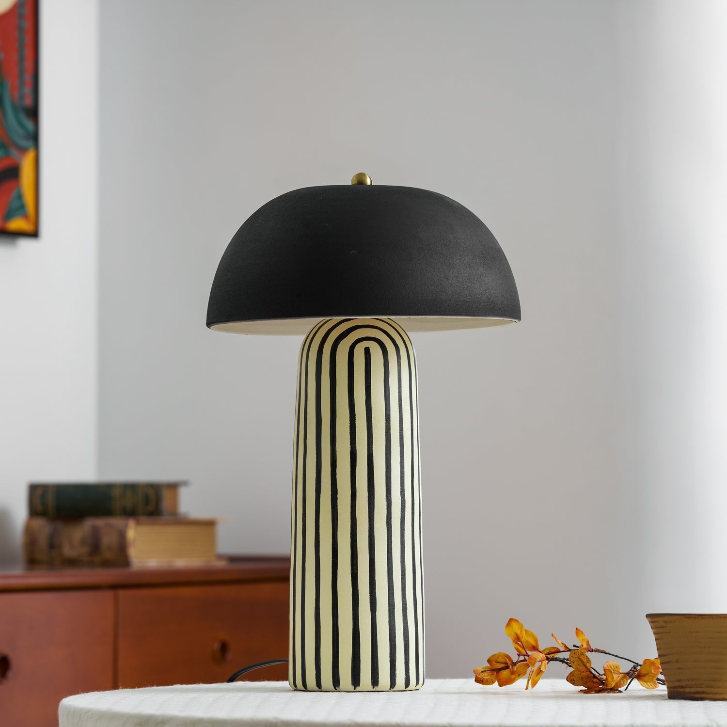 Tessa Striped Ceramic Table Lamp with Black Dome Shade for Living Room