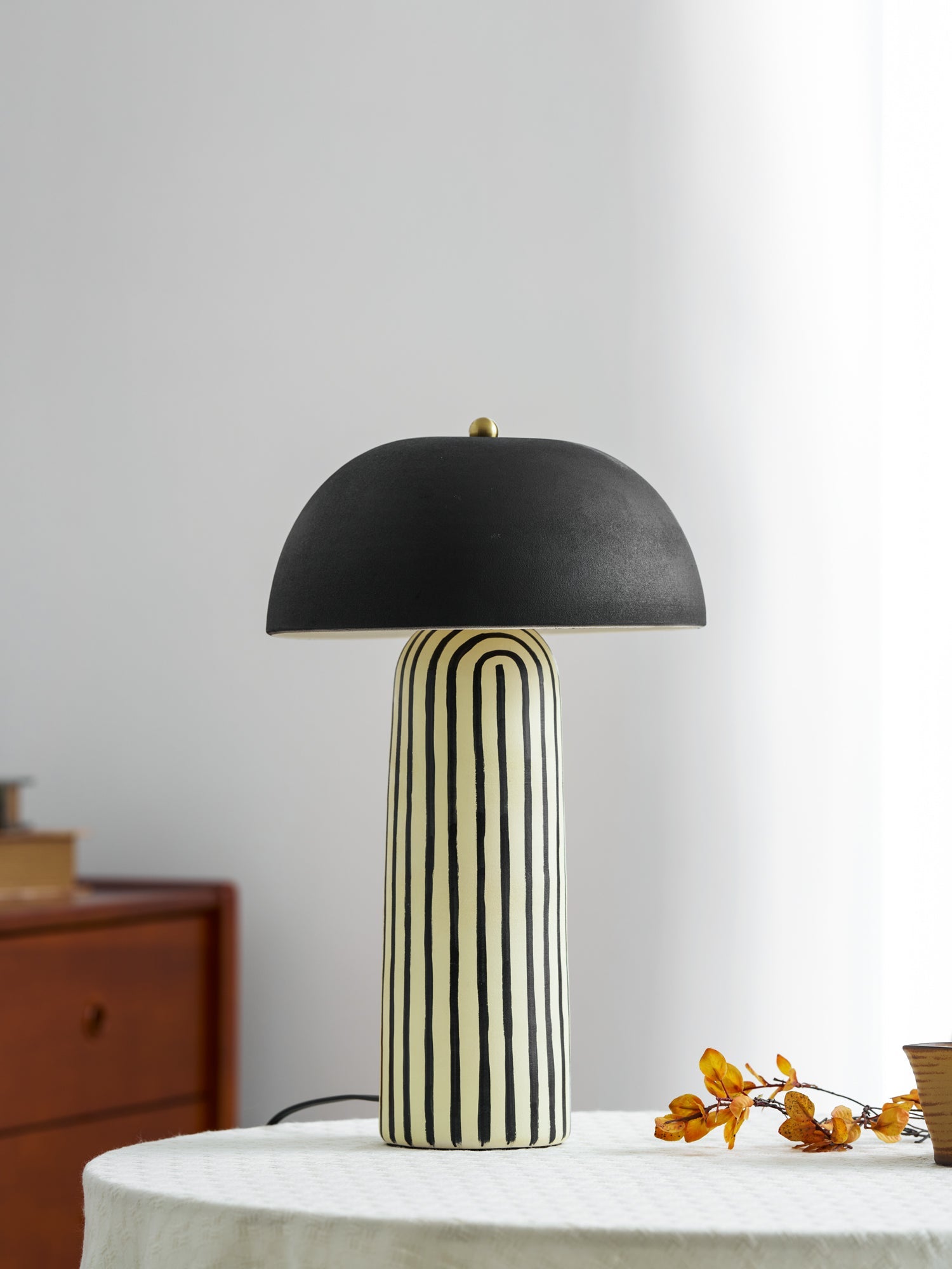 Tessa Striped Ceramic Table Lamp with Black Dome Shade for Living Room