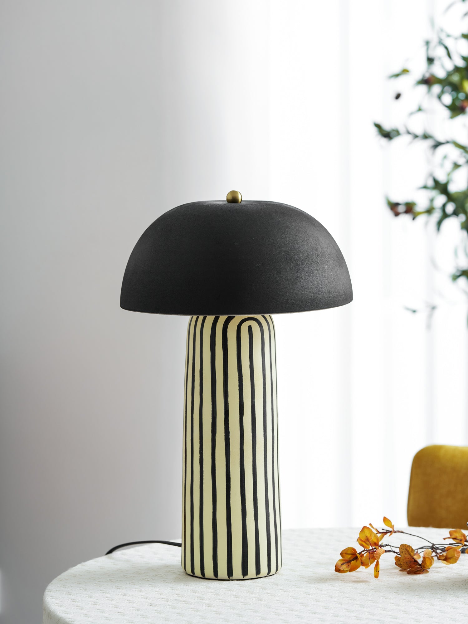 Tessa Striped Ceramic Table Lamp with Black Dome Shade for Living Room