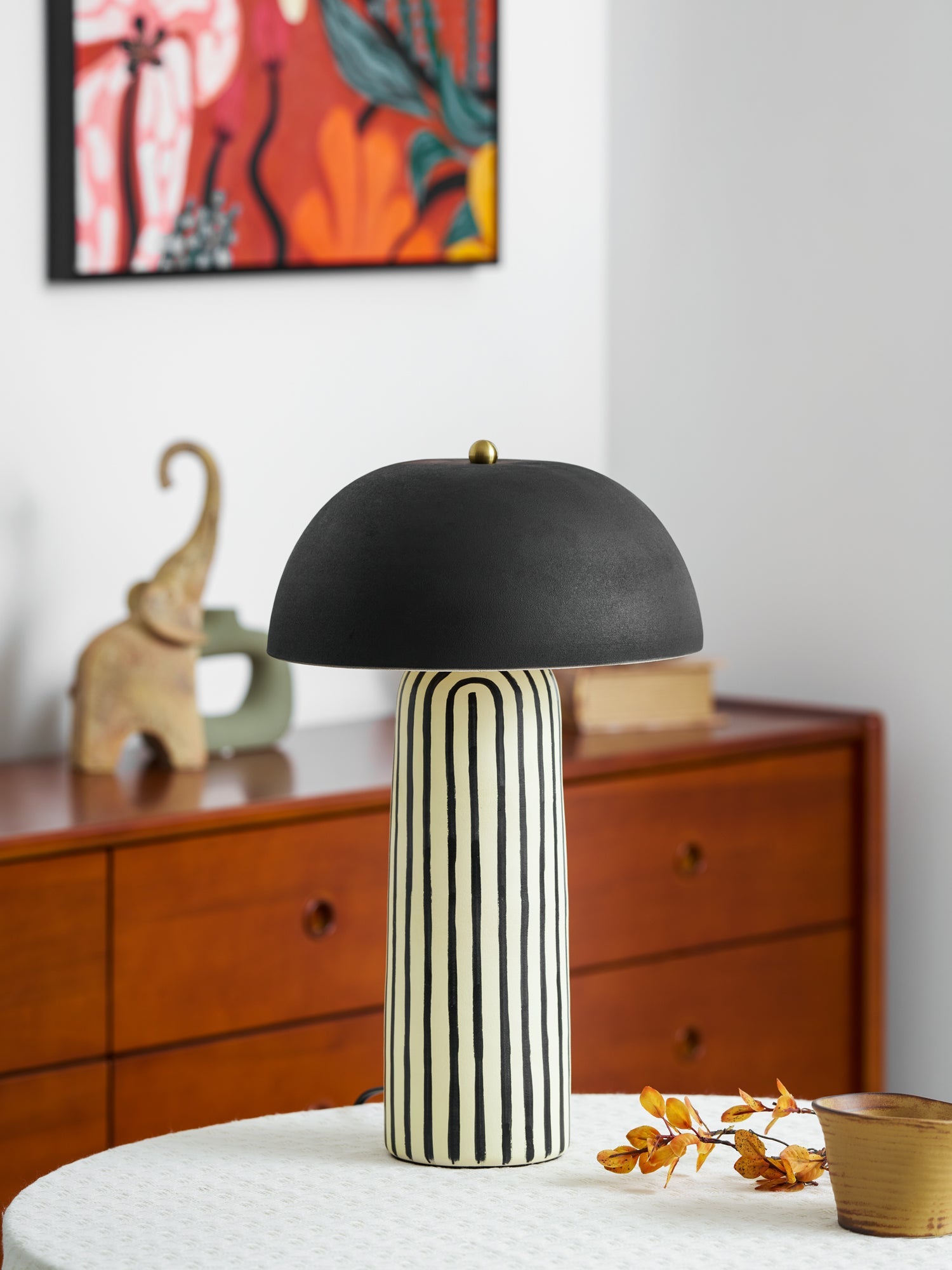 Tessa Striped Ceramic Table Lamp with Black Dome Shade for Living Room