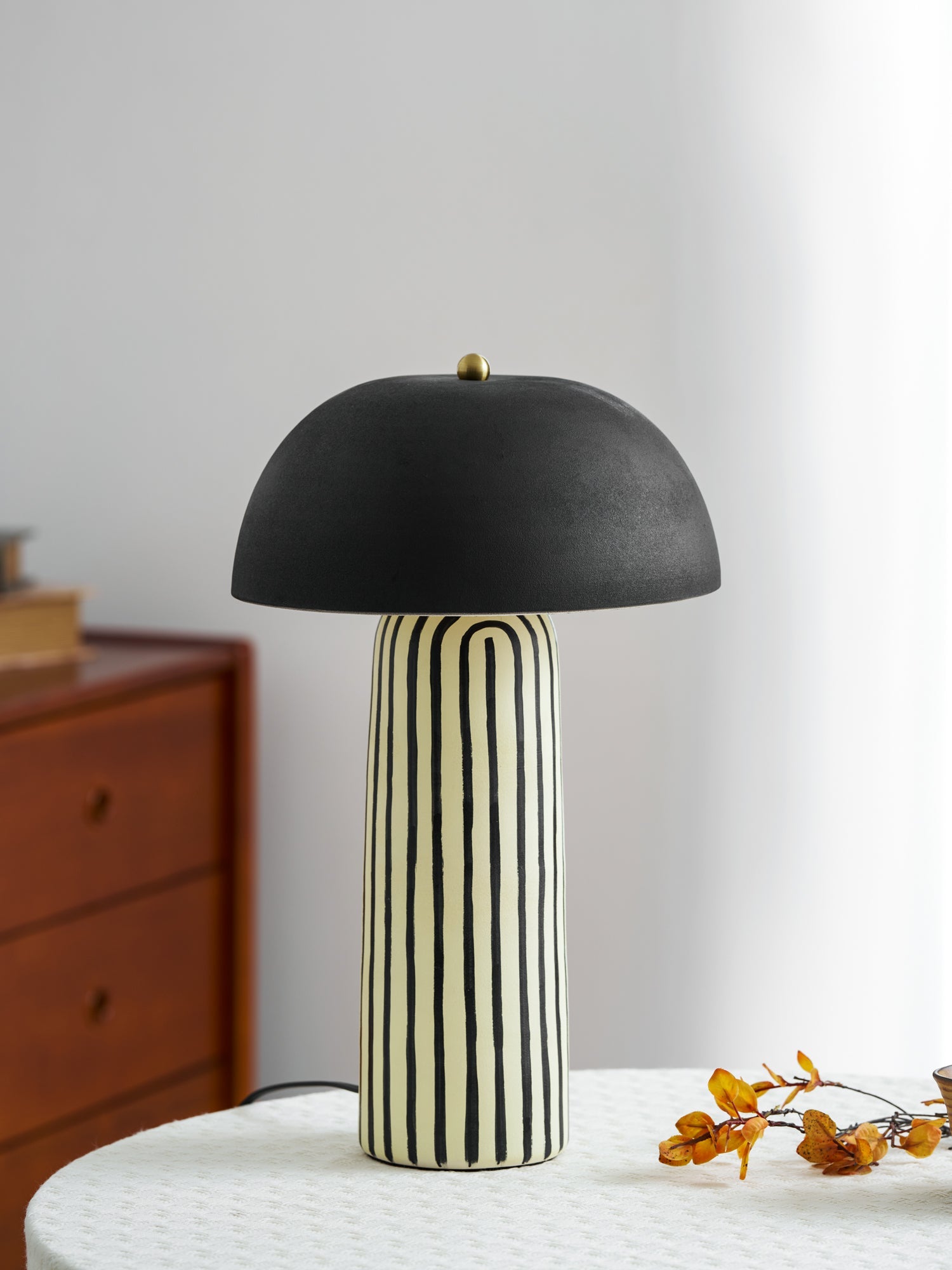 Tessa Striped Ceramic Table Lamp with Black Dome Shade for Living Room