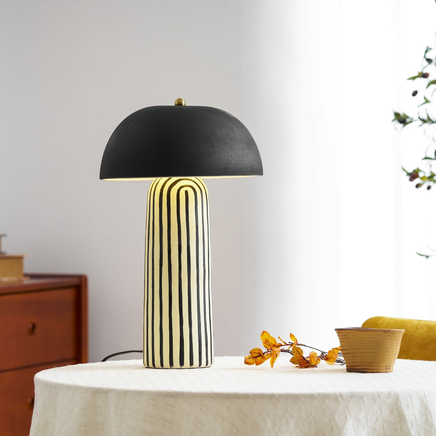 Tessa Striped Ceramic Table Lamp with Black Dome Shade for Living Room