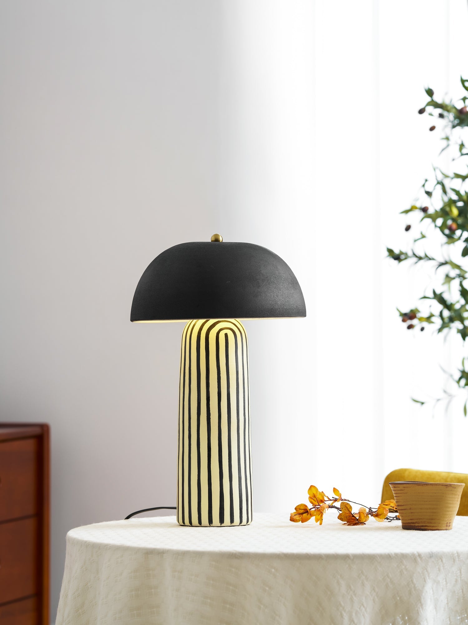 Tessa Striped Ceramic Table Lamp with Black Dome Shade for Living Room