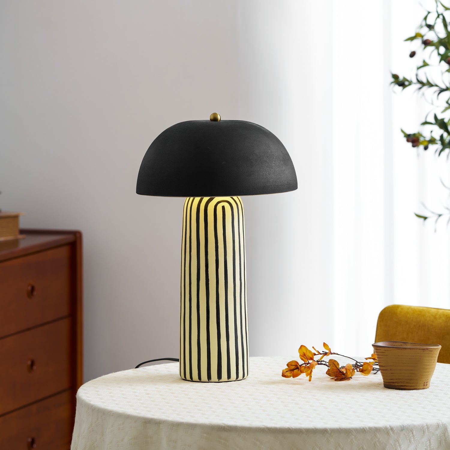 Tessa Striped Ceramic Table Lamp with Black Dome Shade for Living Room