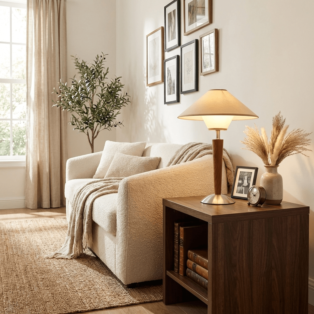 Alden Wood and Metal Fabric Shade Bedside Table Lamp for Living Rooms