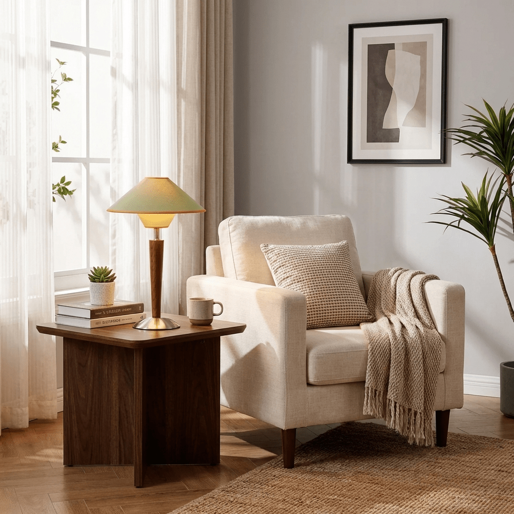 Alden Wood and Metal Fabric Shade Bedside Table Lamp for Living Rooms