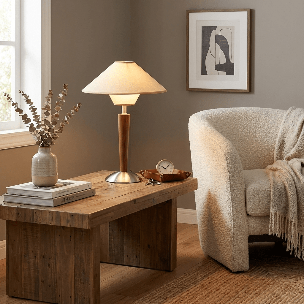 Alden Wood and Metal Fabric Shade Bedside Table Lamp for Living Rooms