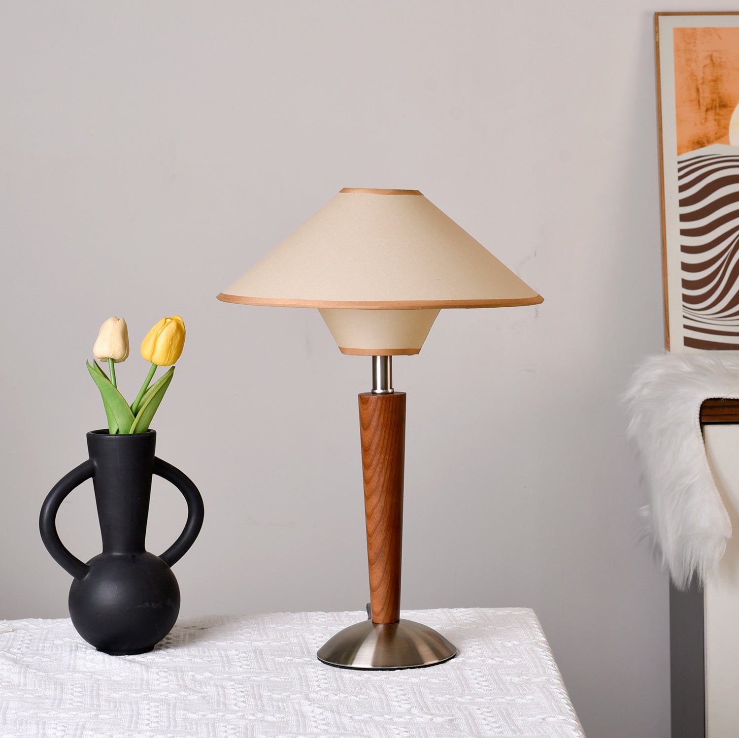 Alden Wood and Metal Fabric Shade Bedside Table Lamp for Living Rooms