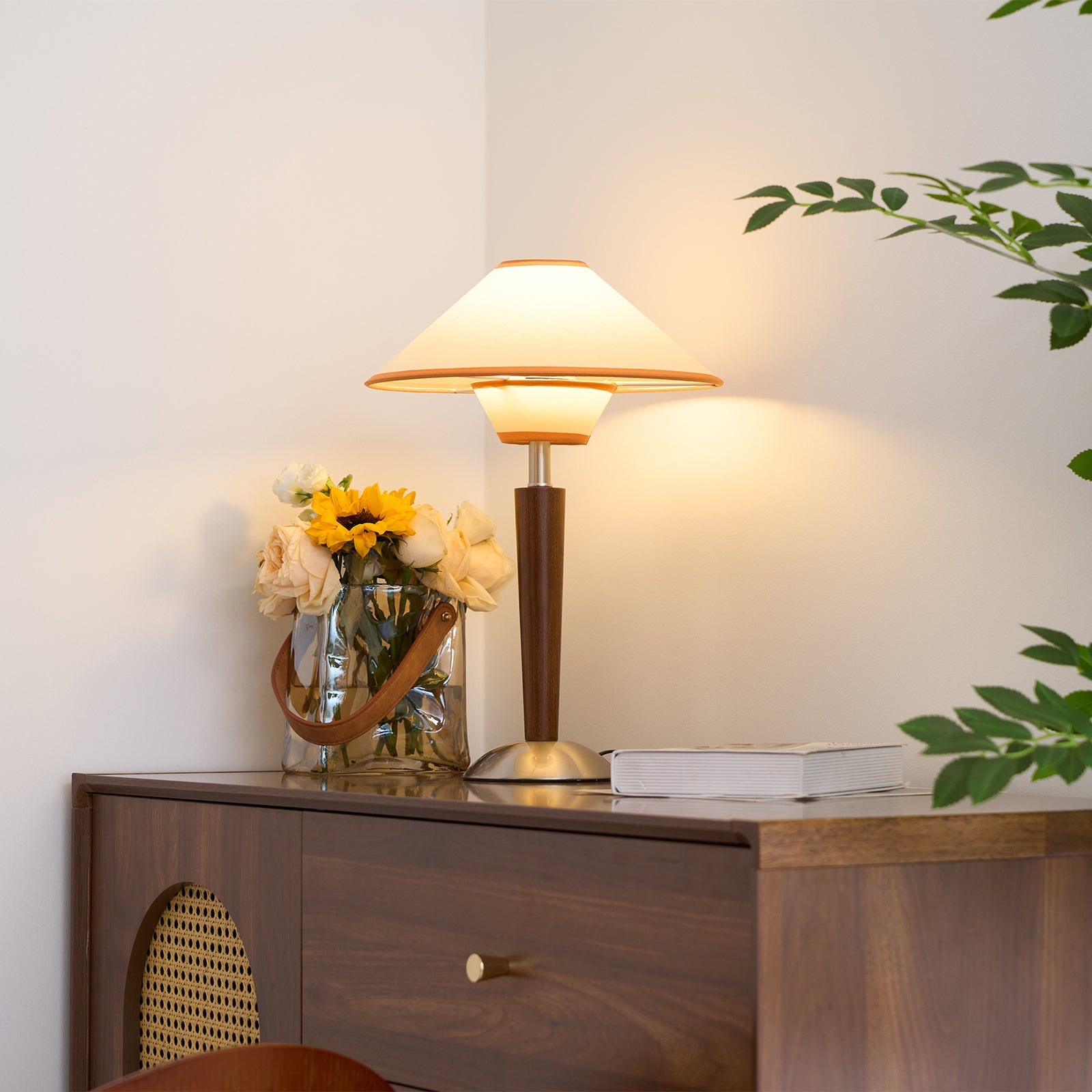 Alden Wood and Metal Fabric Shade Bedside Table Lamp for Living Rooms