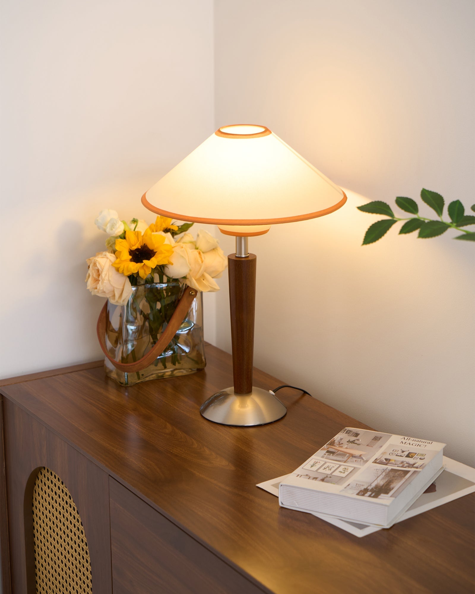 Alden Wood and Metal Fabric Shade Bedside Table Lamp for Living Rooms
