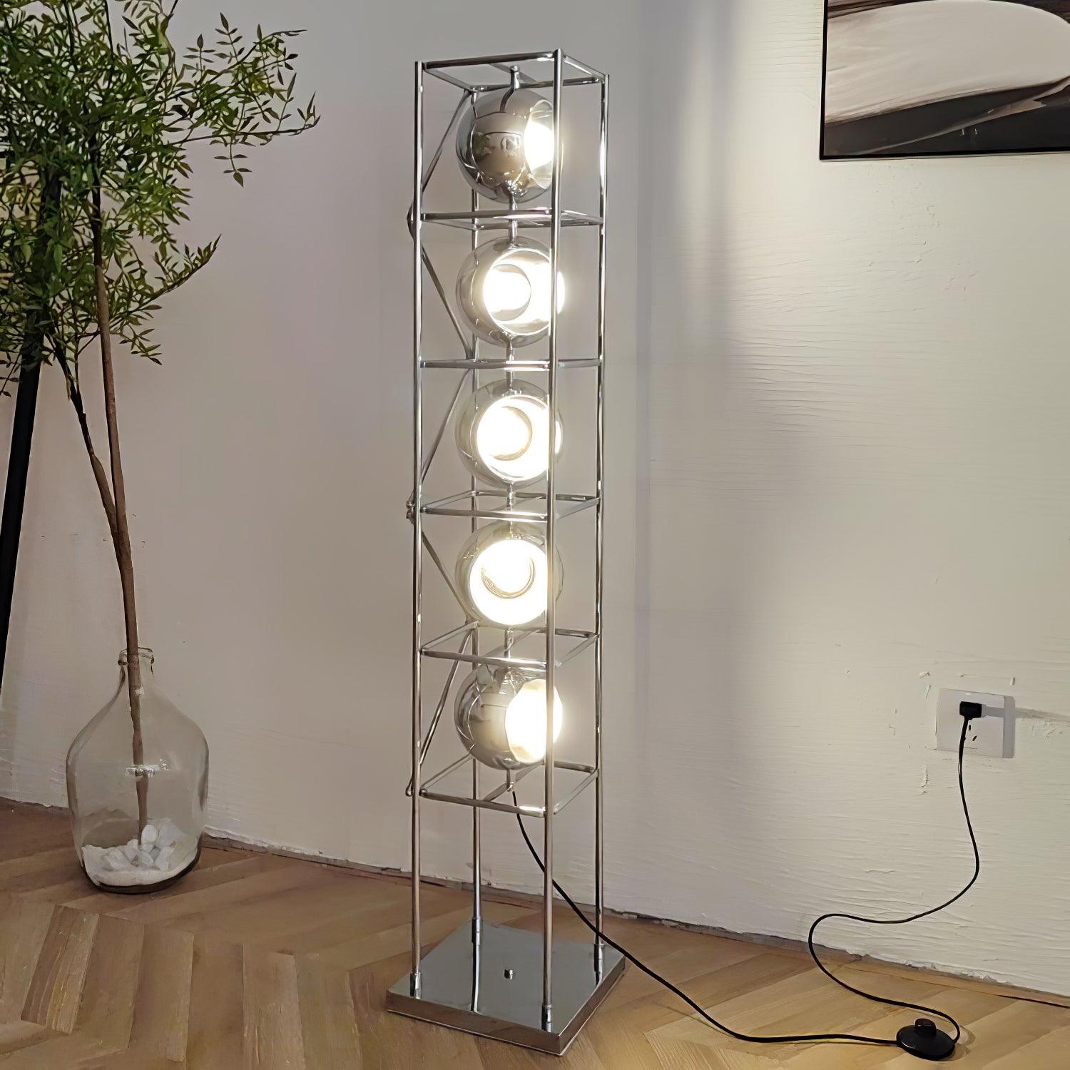 Orbit Industrial Chrome Ring Globe Tower Floor Lamp for Living Rooms