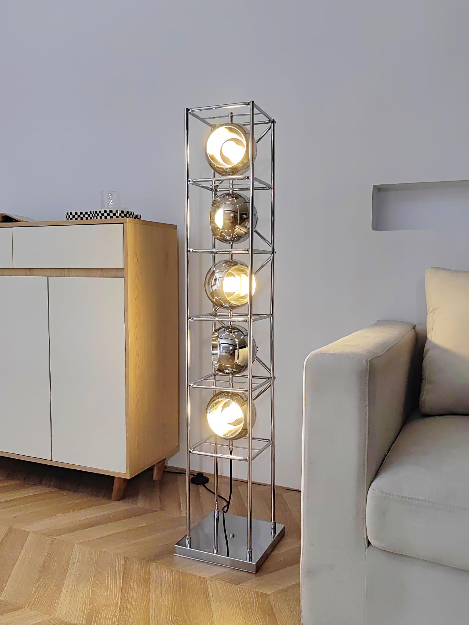 Orbit Industrial Chrome Ring Globe Tower Floor Lamp for Living Rooms