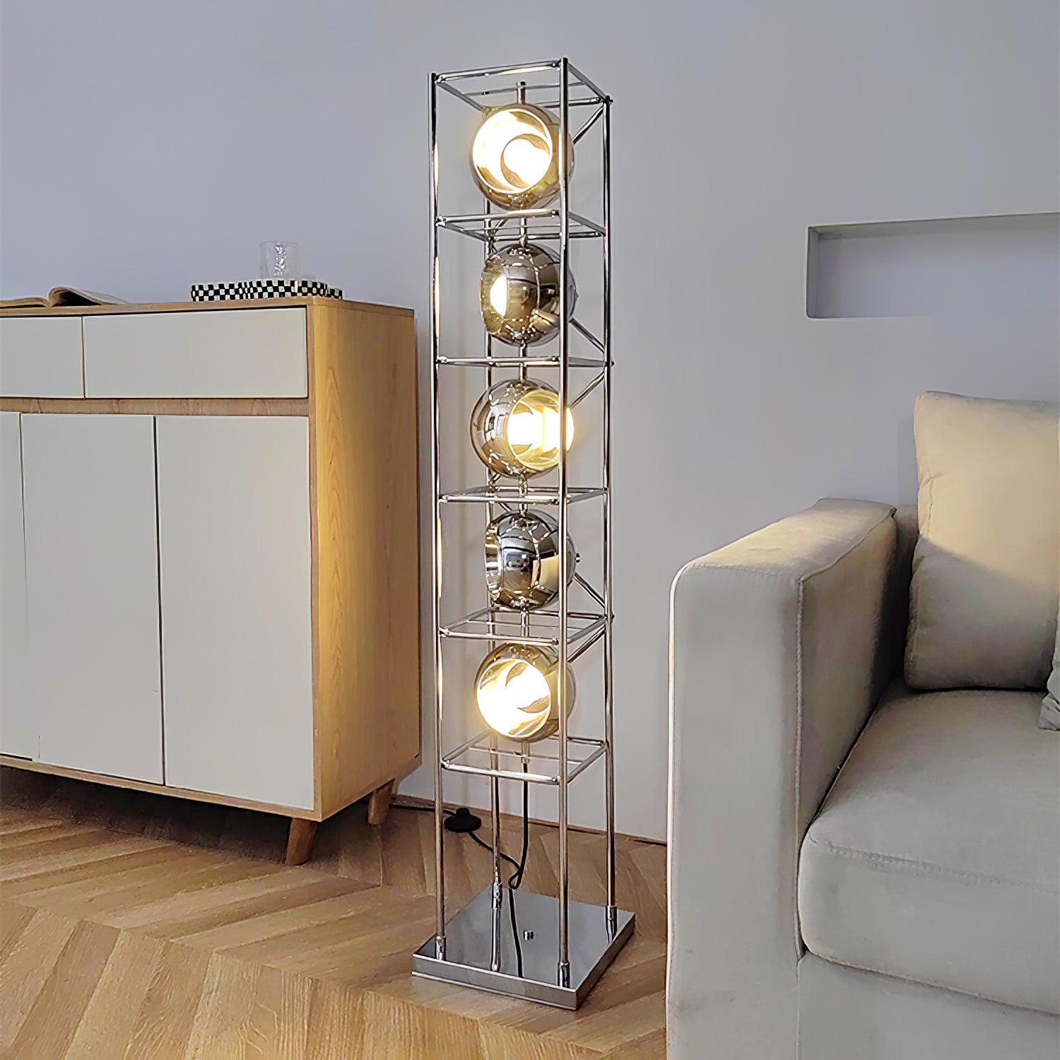 Orbit Industrial Chrome Ring Globe Tower Floor Lamp for Living Rooms