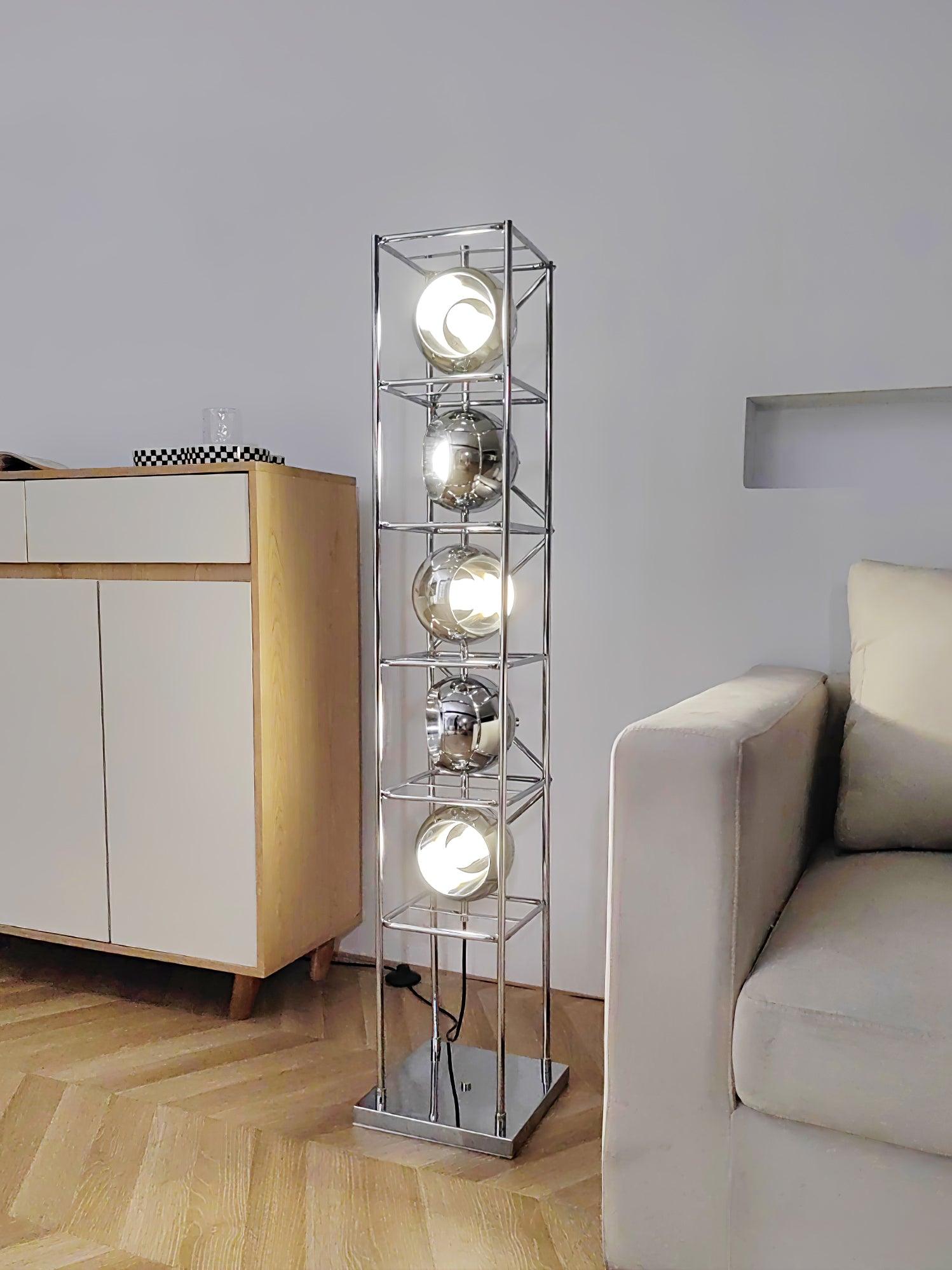 Orbit Industrial Chrome Ring Globe Tower Floor Lamp for Living Rooms