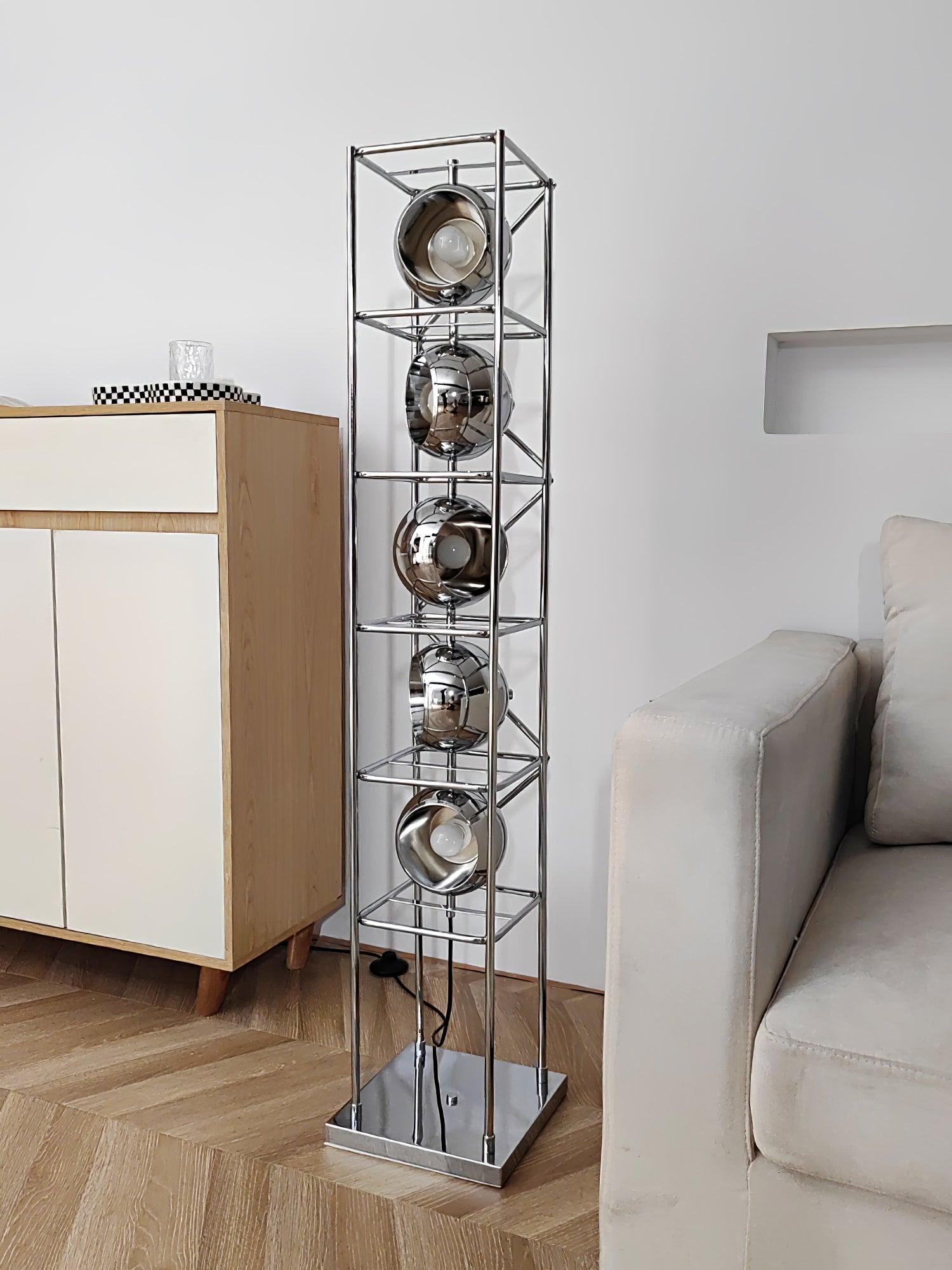 Orbit Industrial Chrome Ring Globe Tower Floor Lamp for Living Rooms