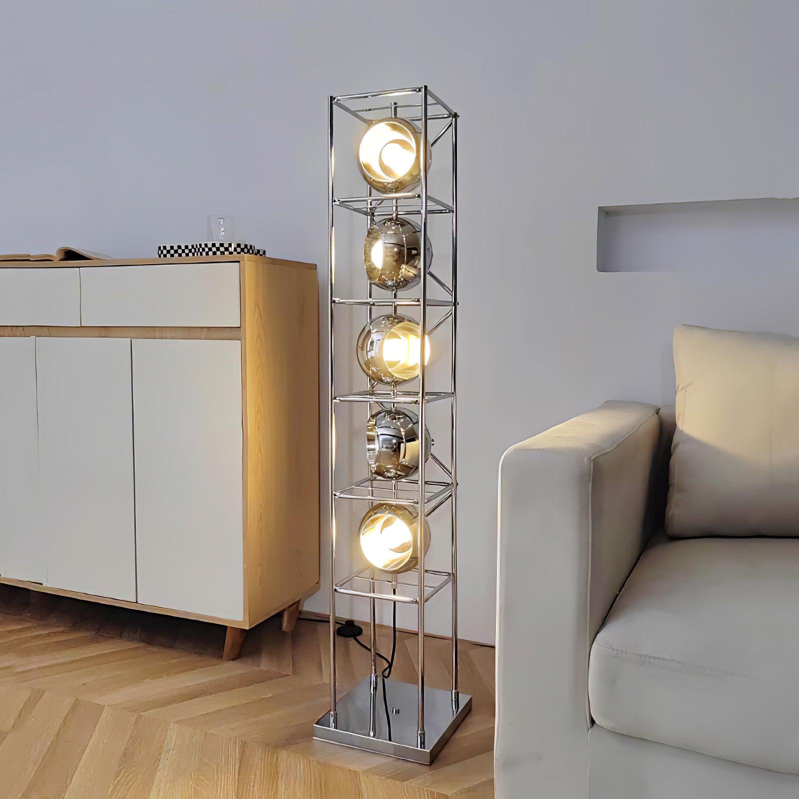 Orbit Industrial Chrome Ring Globe Tower Floor Lamp for Living Rooms