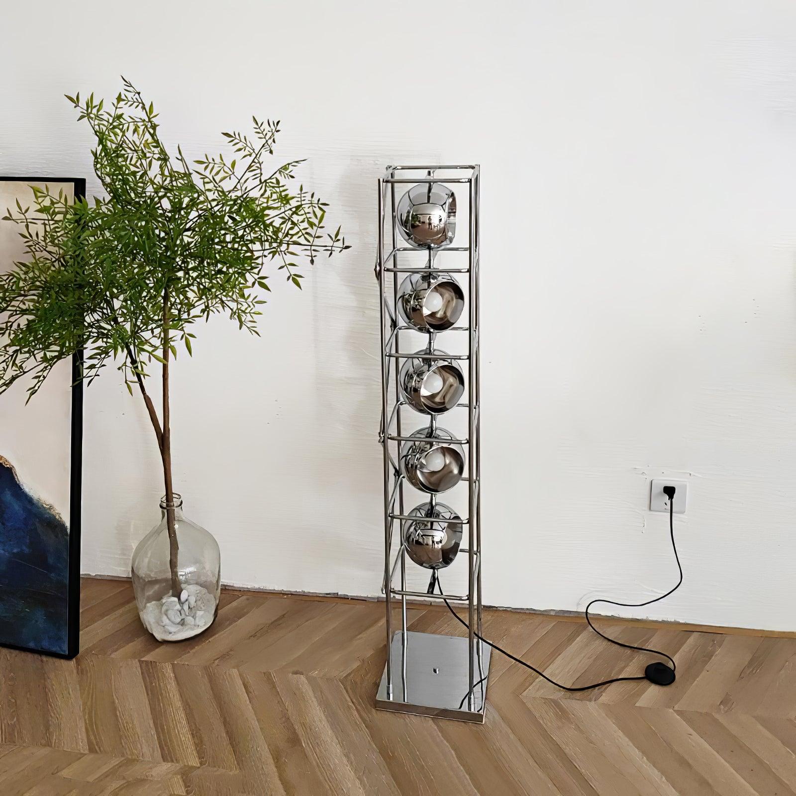 Orbit Industrial Chrome Ring Globe Tower Floor Lamp for Living Rooms
