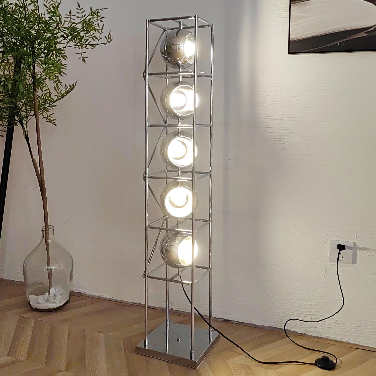 Orbit Industrial Chrome Ring Globe Tower Floor Lamp for Living Rooms