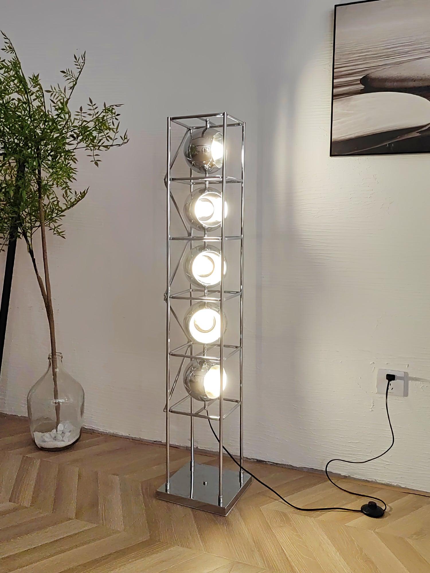 Orbit Industrial Chrome Ring Globe Tower Floor Lamp for Living Rooms