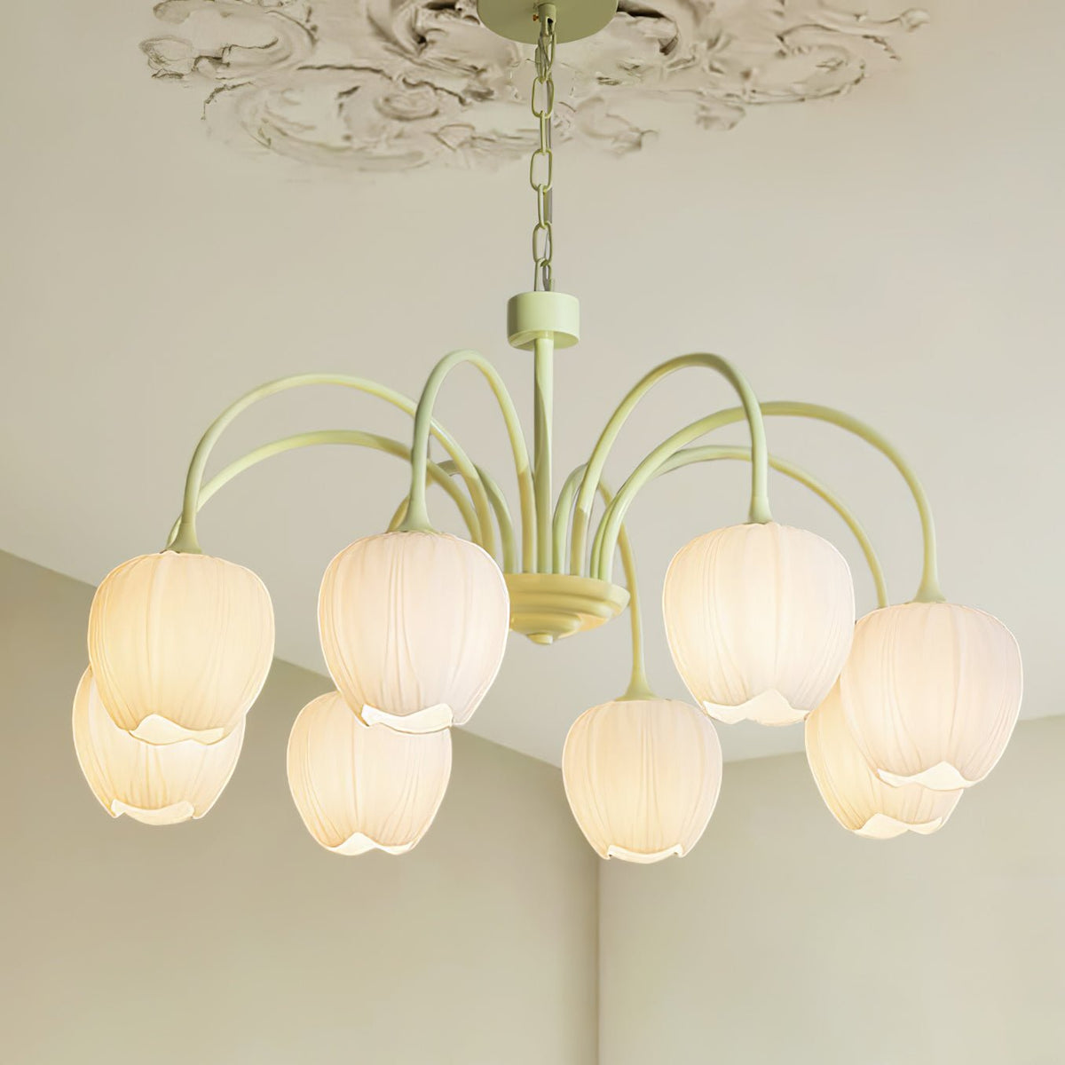 Fiore Matcha Green Tulip Glass Chandelier for Dining & Living Room