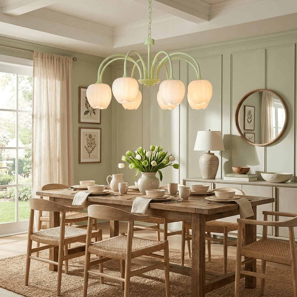 Fiore Matcha Green Tulip Glass Chandelier for Dining & Living Room