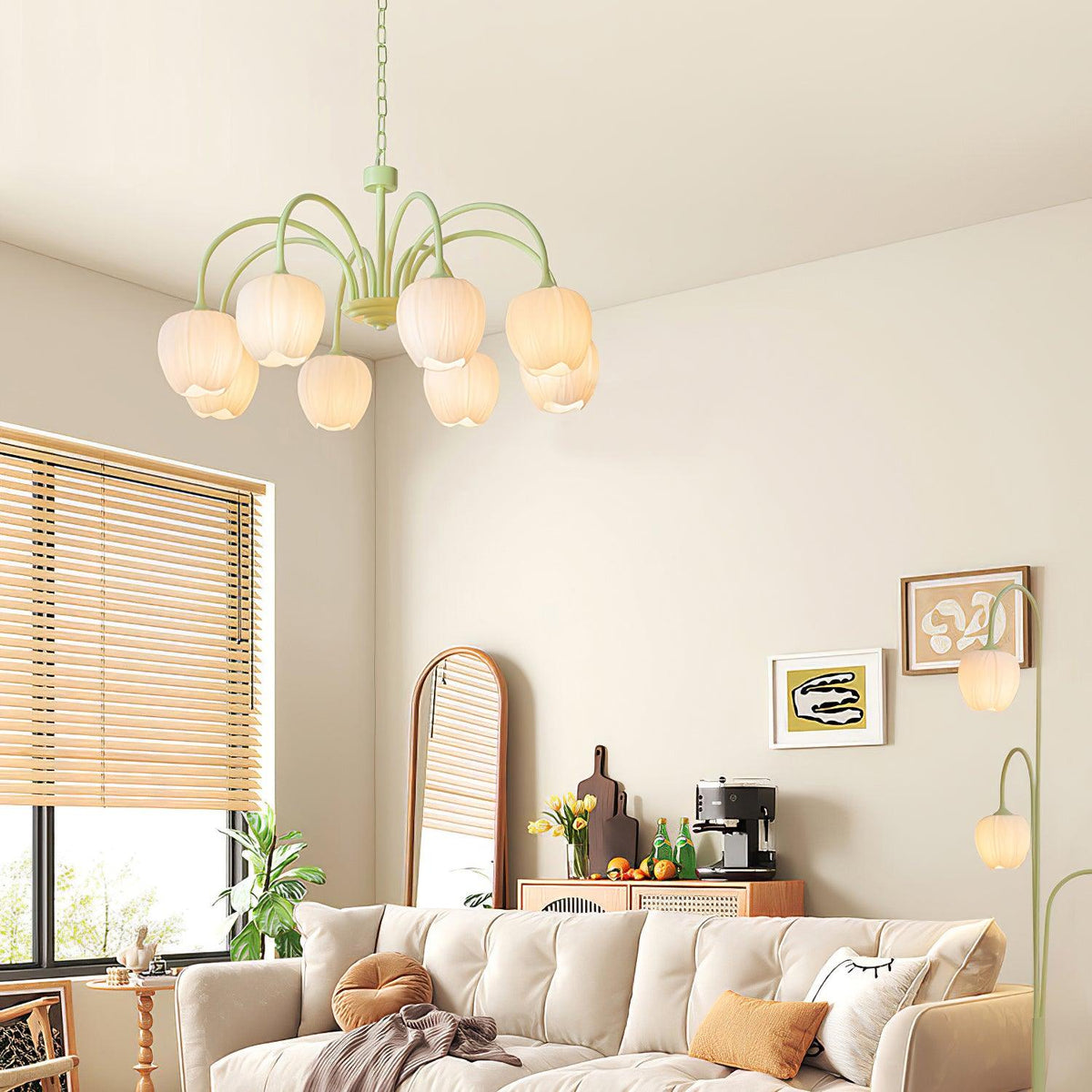 Fiore Matcha Green Tulip Glass Chandelier for Dining & Living Room