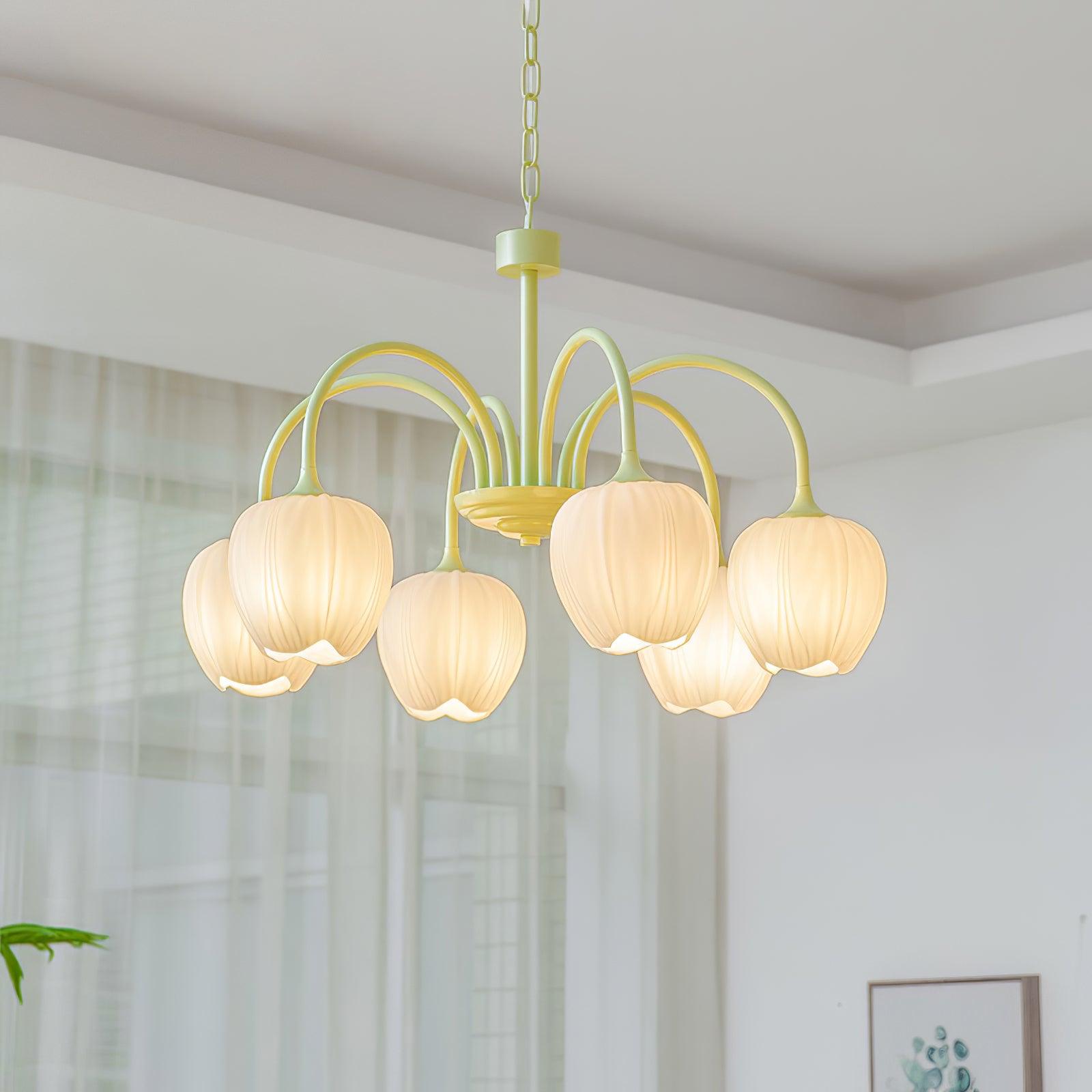 Fiore Matcha Green Tulip Glass Chandelier for Dining & Living Room