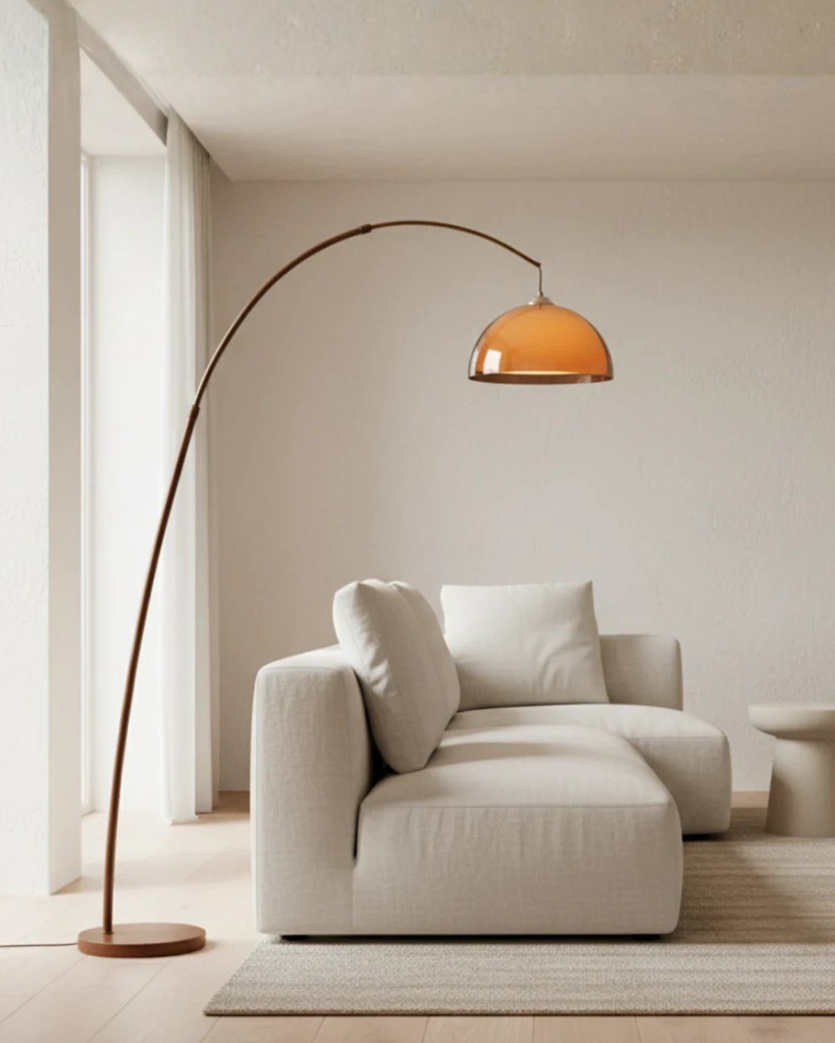 Cove Mid Century Walnut Arc Floor Lamp with Amber Dome Shade Sofa