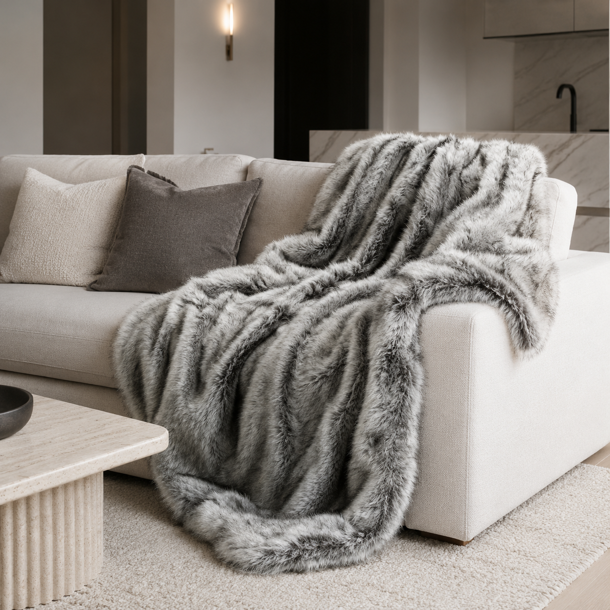 Lusso Luxury Plush Faux Fox Fur Throw Blanket for Sofa and Bedroom