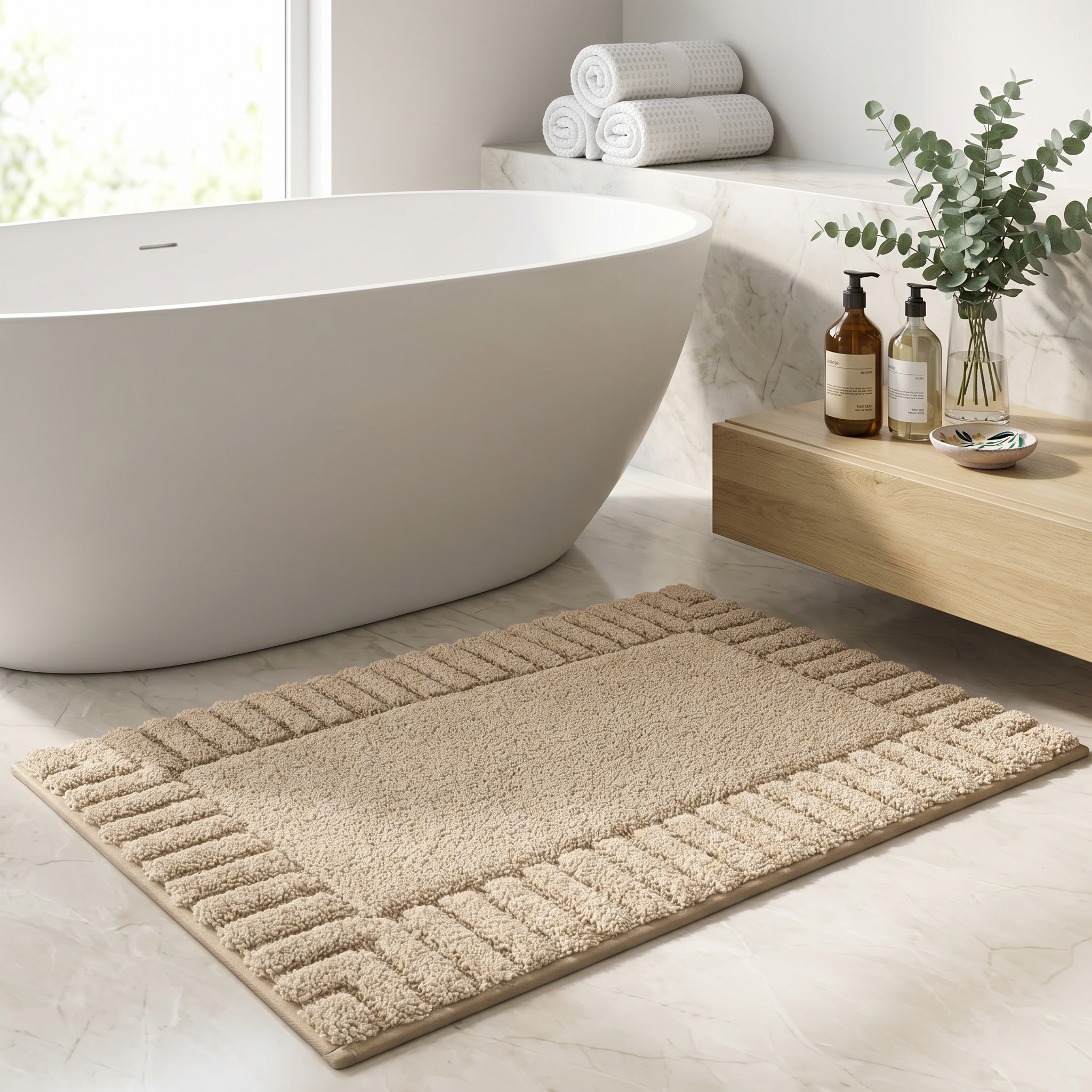 Riva Striped Border Flocked Bath Mat Non Slip Quick Dry for Bathroom