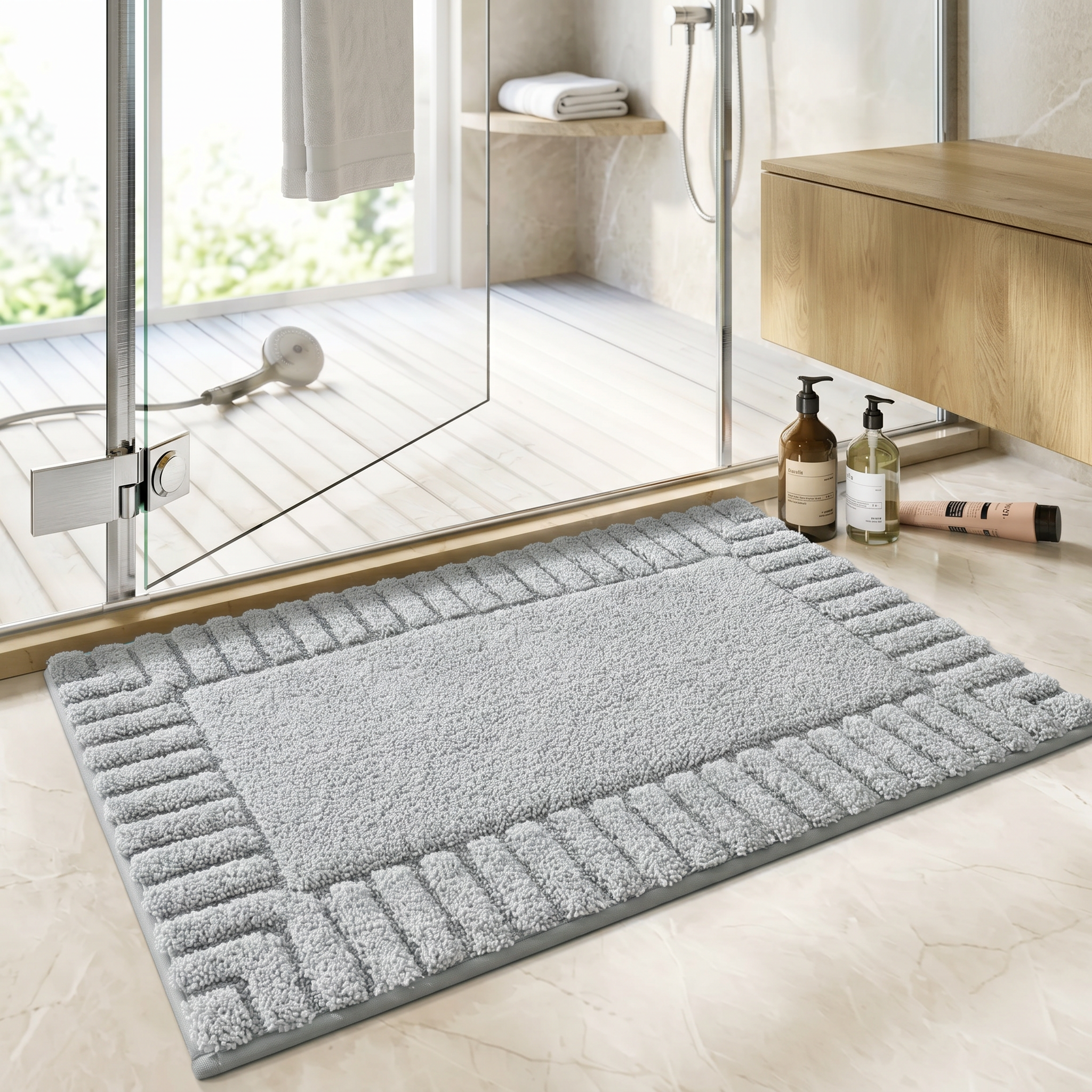 Riva Striped Border Flocked Bath Mat Non Slip Quick Dry for Bathroom
