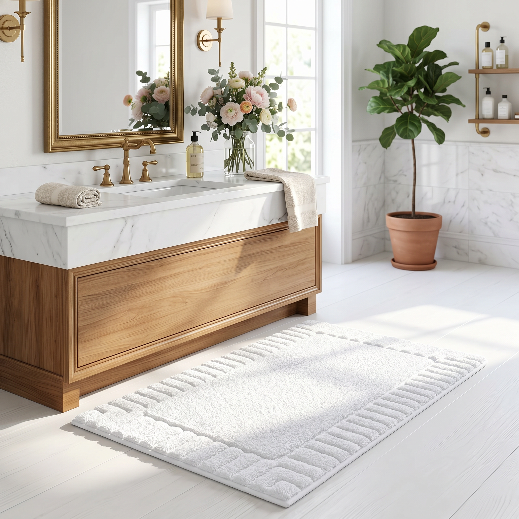 Riva Striped Border Flocked Bath Mat Non Slip Quick Dry for Bathroom