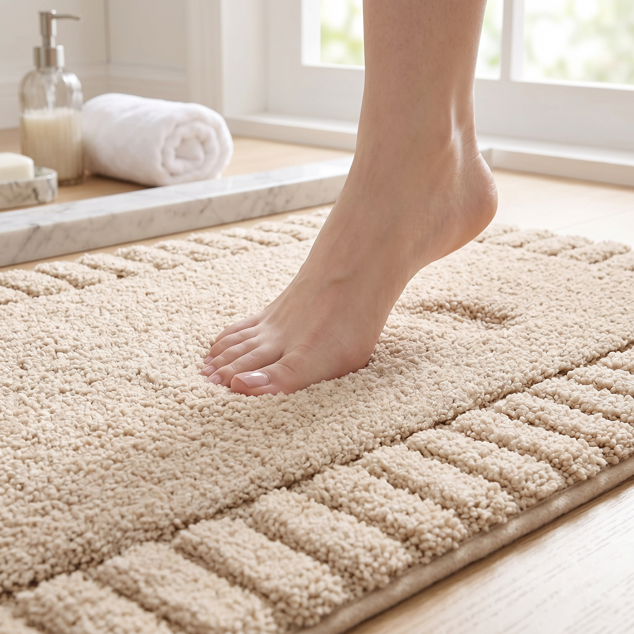 Riva Striped Border Flocked Bath Mat Non Slip Quick Dry for Bathroom