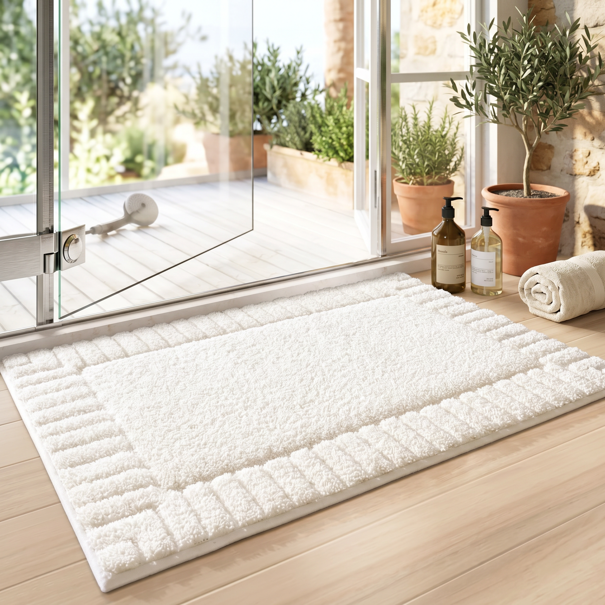 Riva Striped Border Flocked Bath Mat Non Slip Quick Dry for Bathroom