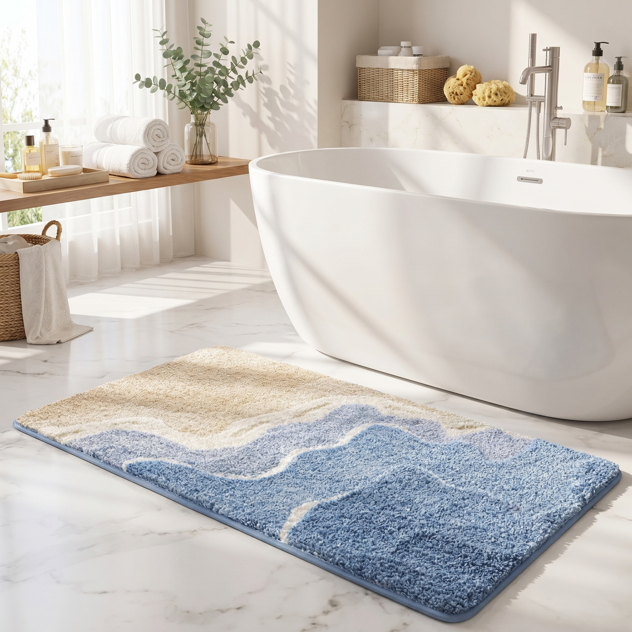 Onda Coastal Wave Plush Bath Mat Non Slip Machine Washable Bathroom