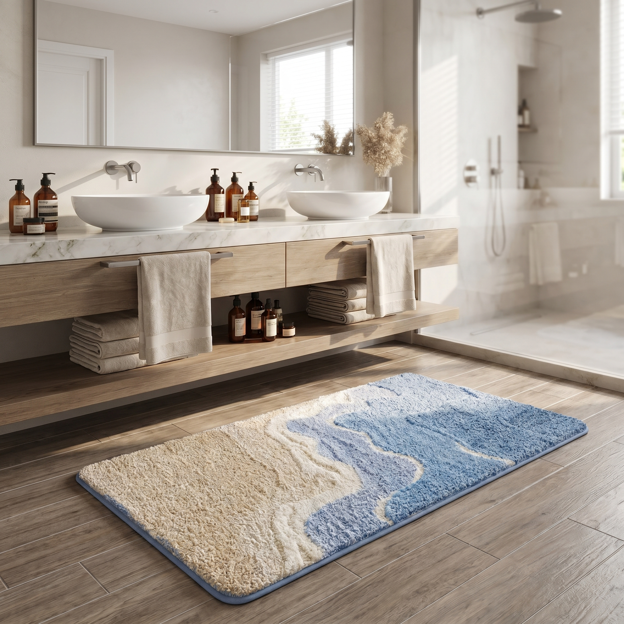 Onda Coastal Wave Plush Bath Mat Non Slip Machine Washable Bathroom