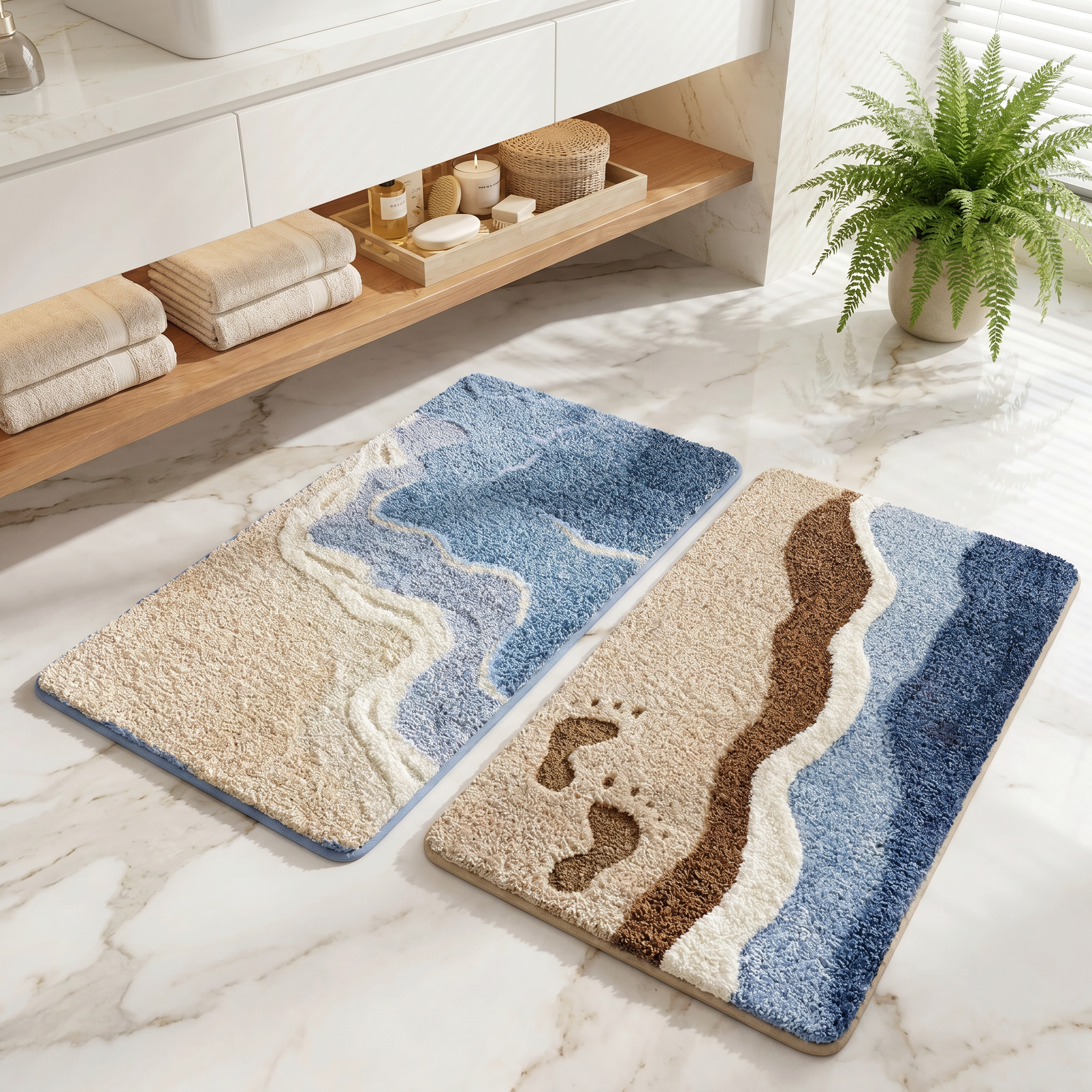 Onda Coastal Wave Plush Bath Mat Non Slip Machine Washable Bathroom