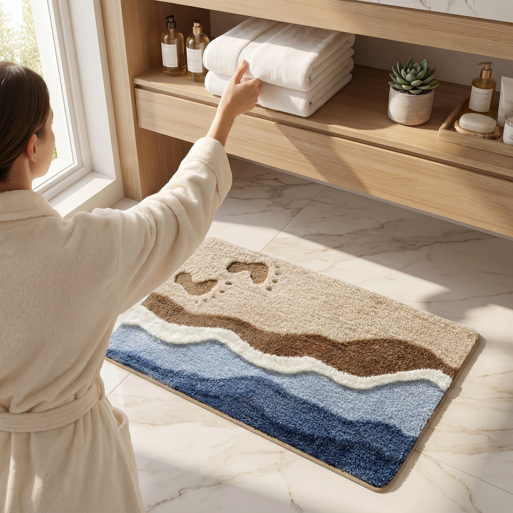 Onda Coastal Wave Plush Bath Mat Non Slip Machine Washable Bathroom